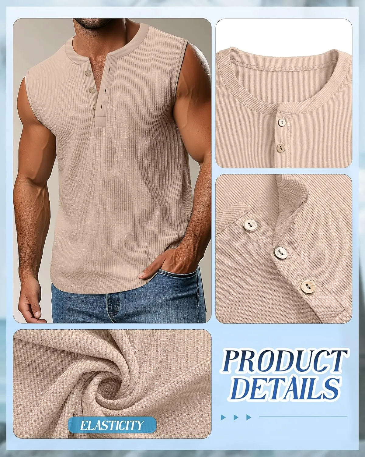 3 Pcs Men's Big and Tall Tank Top Ribbed Plus Size Sleeveless Henley Shirt Crewneck T Shirt 1X-5X