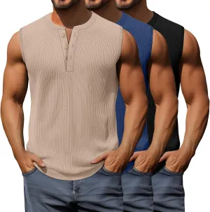 3 Pcs Men's Big and Tall Tank Top Ribbed Plus Size Sleeveless Henley Shirt Crewneck T Shirt 1X-5X