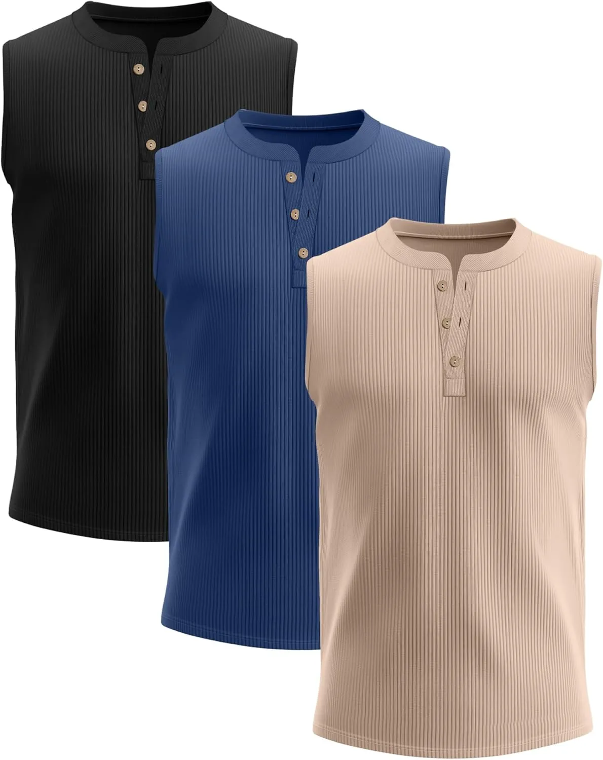 3 Pcs Men's Big and Tall Tank Top Ribbed Plus Size Sleeveless Henley Shirt Crewneck T Shirt 1X-5X