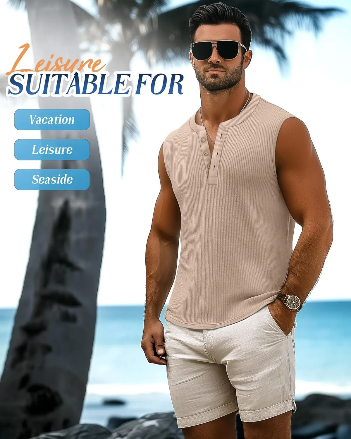 3 Pcs Men's Big and Tall Tank Top Ribbed Plus Size Sleeveless Henley Shirt Crewneck T Shirt 1X-5X