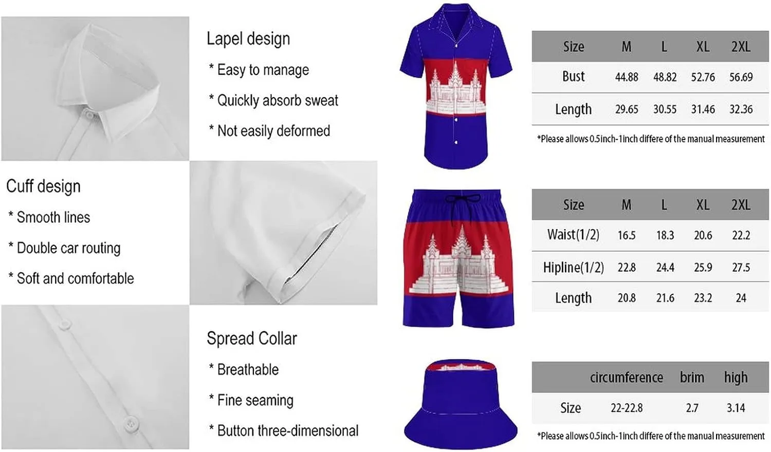 Adugen Origei Summer Combo Men's Two Piece Matching Sets Jamaica Fisherman's Hat Beach Suit Button-Up Shirt Hawaiian Shirt