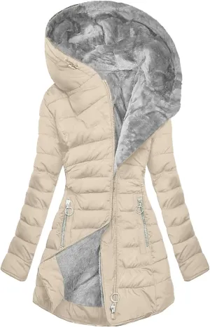 Akklian Winter Hooded Cotton Coats for Women Sherpa Waisted Fleece Jacket Fluffy Quilted Coat Padded Warm Parkas with Pockets