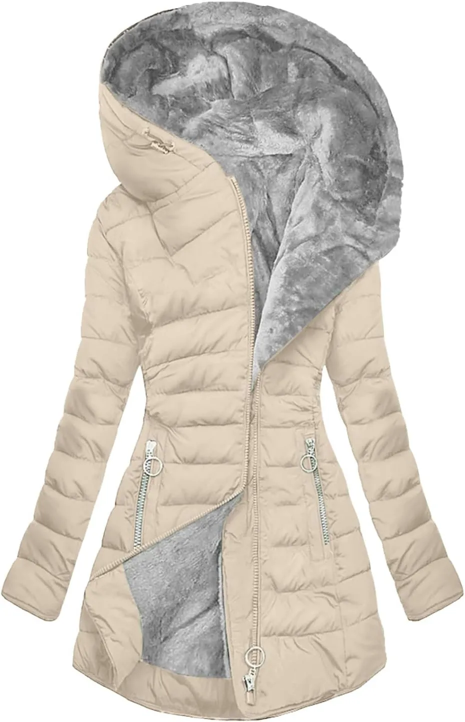 Akklian Winter Hooded Cotton Coats for Women Sherpa Waisted Fleece Jacket Fluffy Quilted Coat Padded Warm Parkas with Pockets