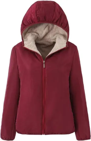 Akklian Women's Hooded Padded Jacket Winter Zip Up Warm Cotton Coat Long Sleeve Casual Hoodies Thermal Fleece Lined Outerwear