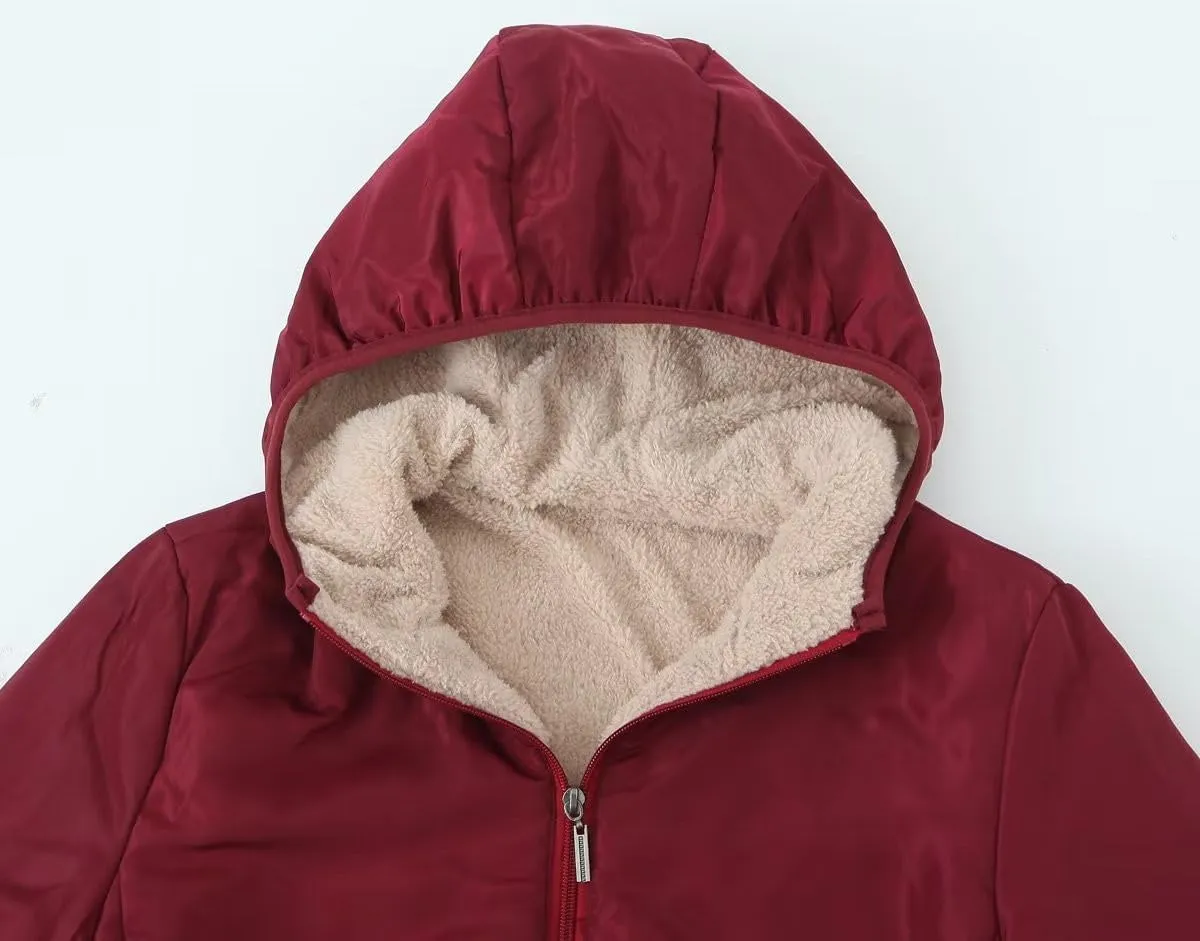 Akklian Women's Hooded Padded Jacket Winter Zip Up Warm Cotton Coat Long Sleeve Casual Hoodies Thermal Fleece Lined Outerwear