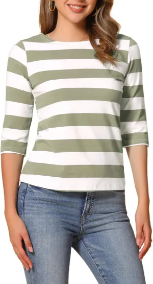 Allegra K Women's Slim Fit Elbow Sleeve Striped Boat Neck T-Shirt