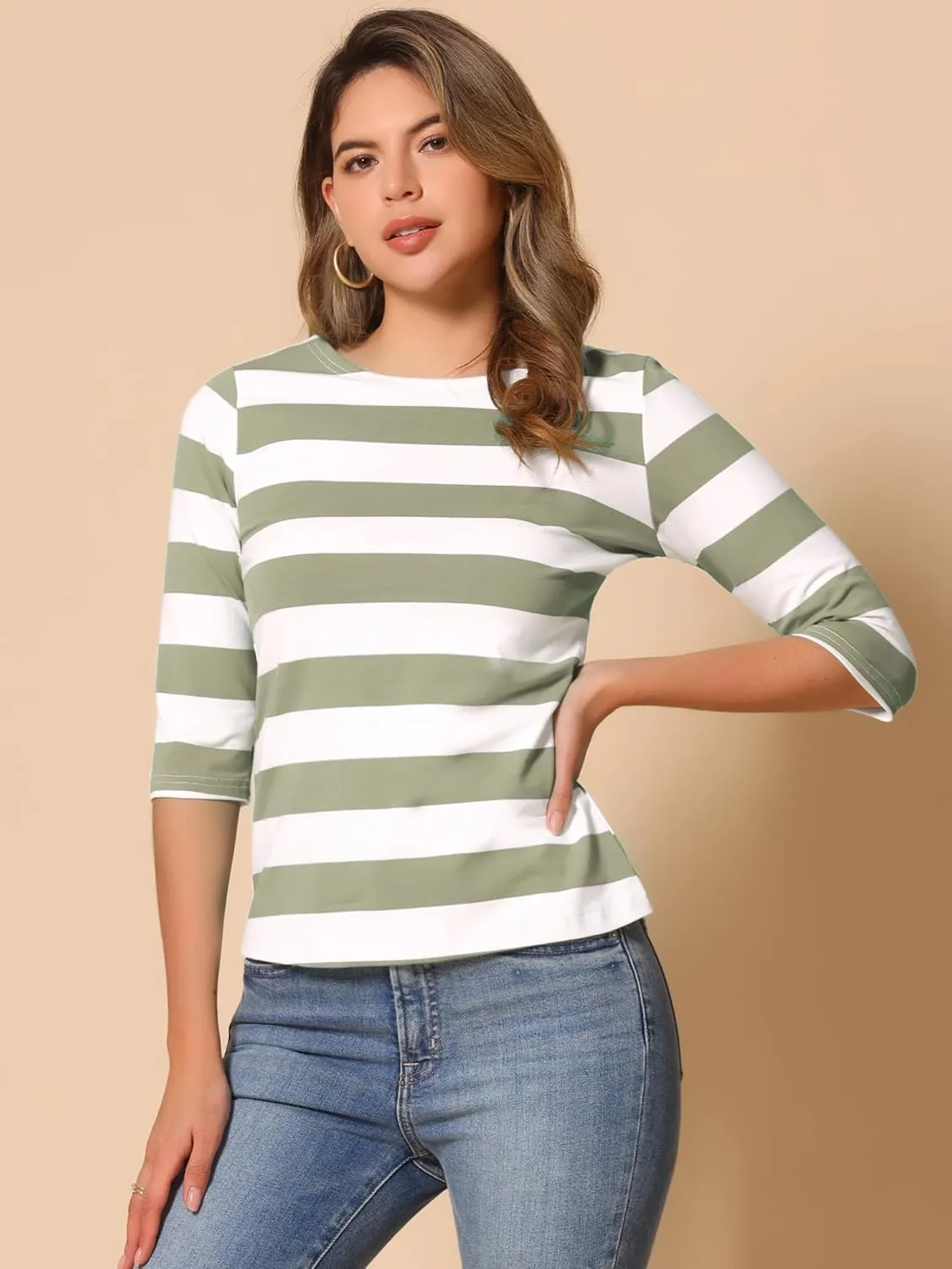 Allegra K Women's Slim Fit Elbow Sleeve Striped Boat Neck T-Shirt