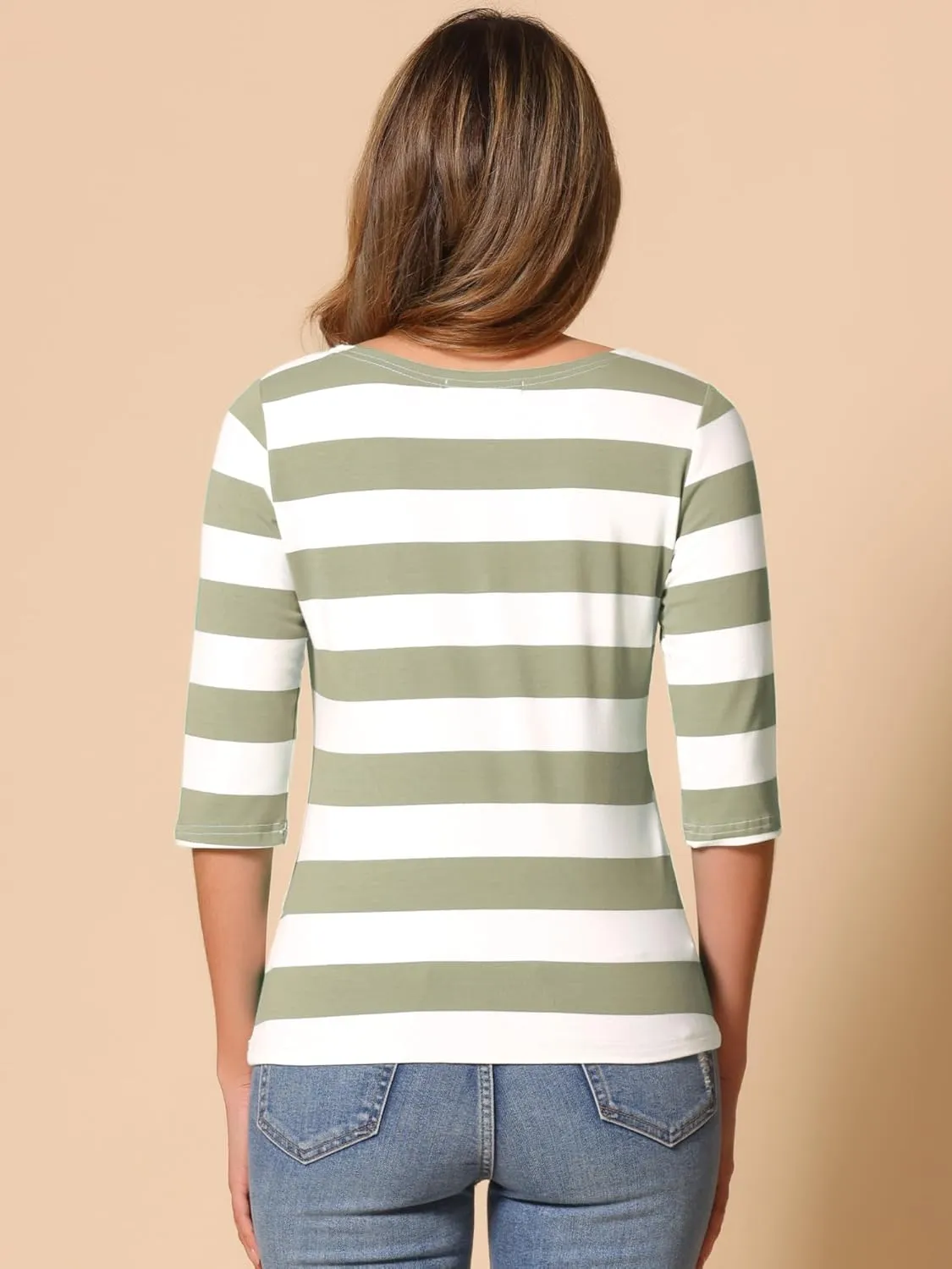 Allegra K Women's Slim Fit Elbow Sleeve Striped Boat Neck T-Shirt