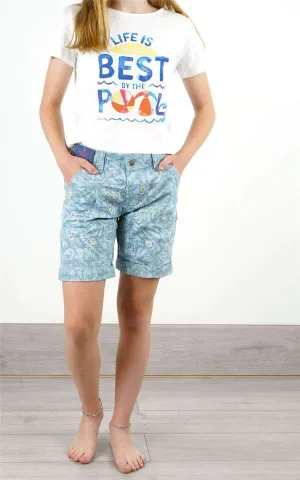 Aloa Blue Floral Print Shorts for Girls with Pockets and Belt Loops