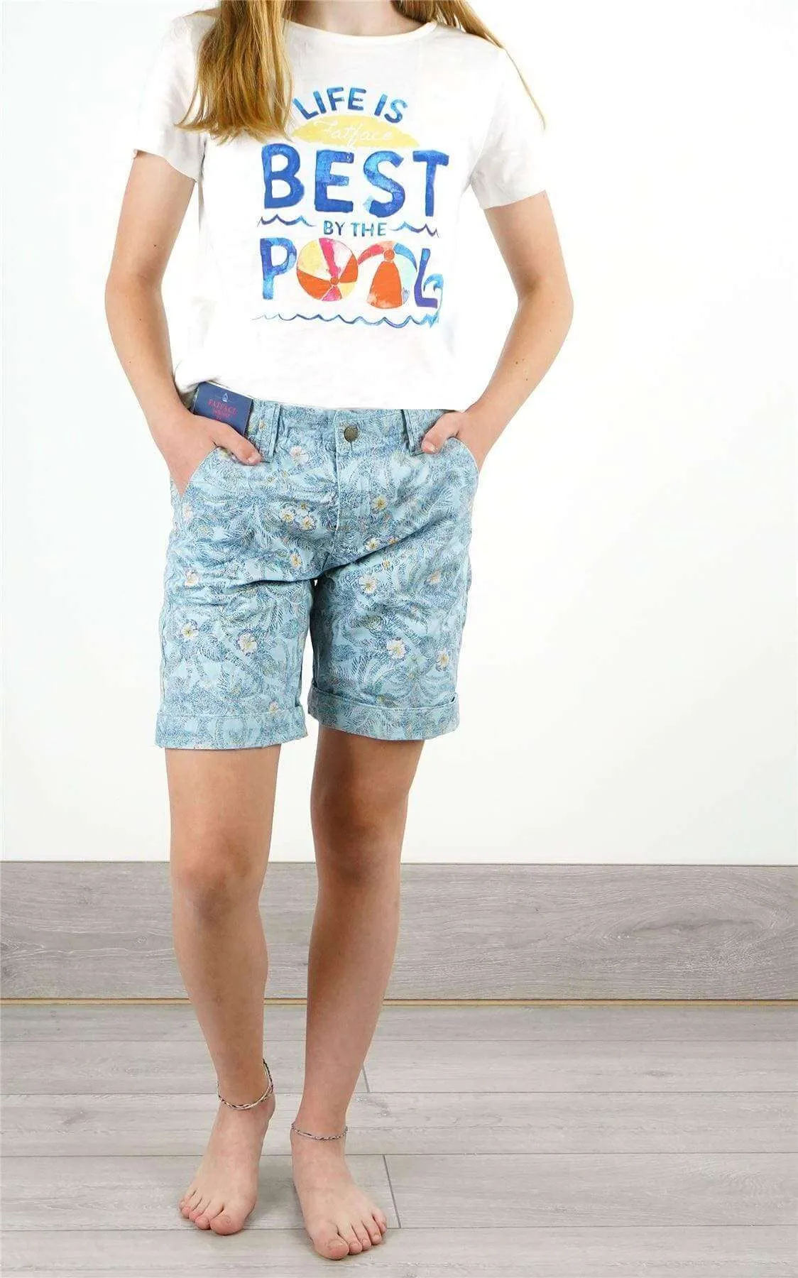 Aloa Blue Floral Print Shorts for Girls with Pockets and Belt Loops