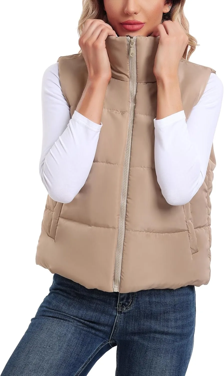 Anienaya Puffer Vest Women Sleeveless Warm Lightweight Qulited Jacket Stand-up Collar Outerwear with Pocket