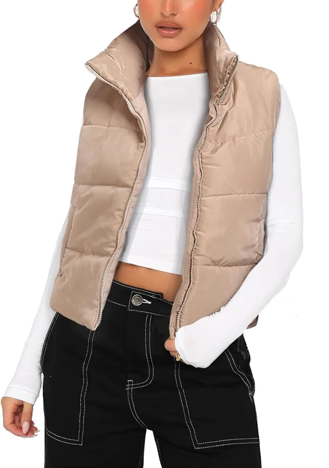 Anienaya Puffer Vest Women Sleeveless Warm Lightweight Qulited Jacket Stand-up Collar Outerwear with Pocket