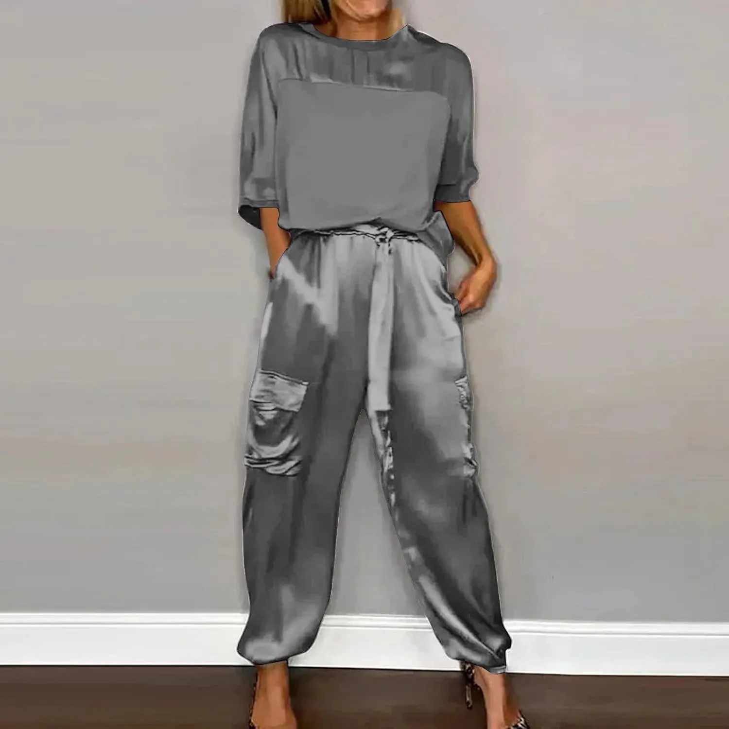 Aniywn Women Two Piece Outfits Sets Summer Satin Smooth Satin Half-Sleeved Top and Pants Set Women Clothing Work Going Out