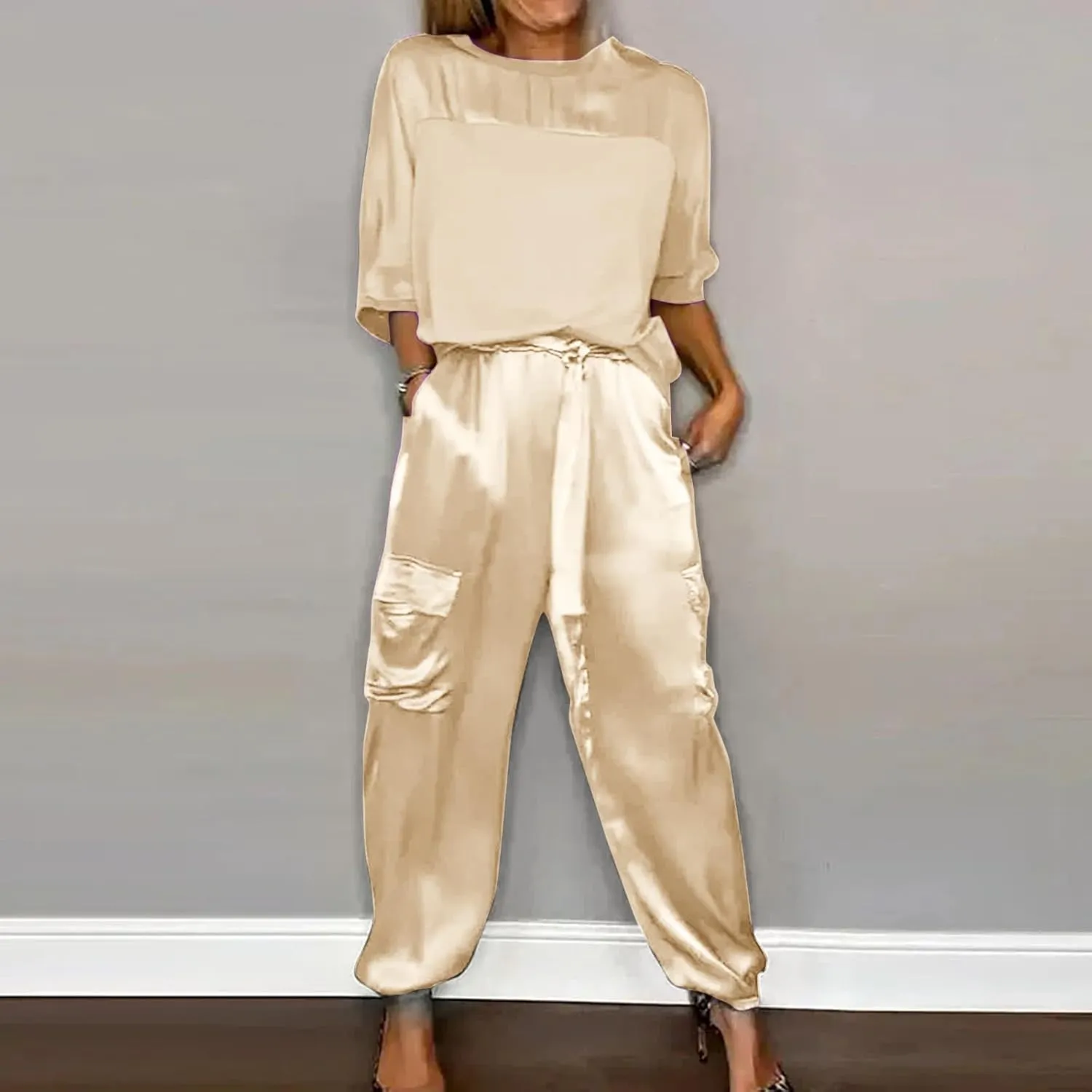 Aniywn Women Two Piece Outfits Sets Summer Satin Smooth Satin Half-Sleeved Top and Pants Set Women Clothing Work Going Out