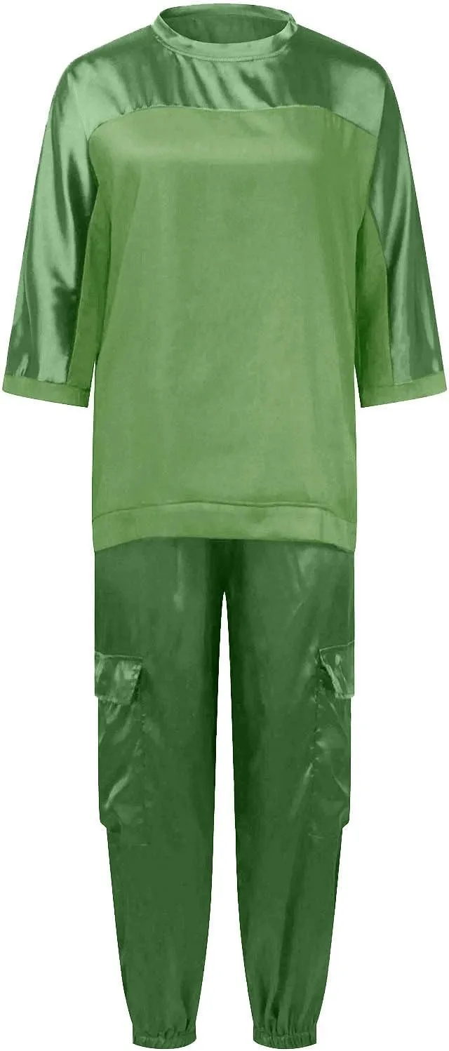 Aniywn Women Two Piece Outfits Sets Summer Satin Smooth Satin Half-Sleeved Top and Pants Set Women Clothing Work Going Out
