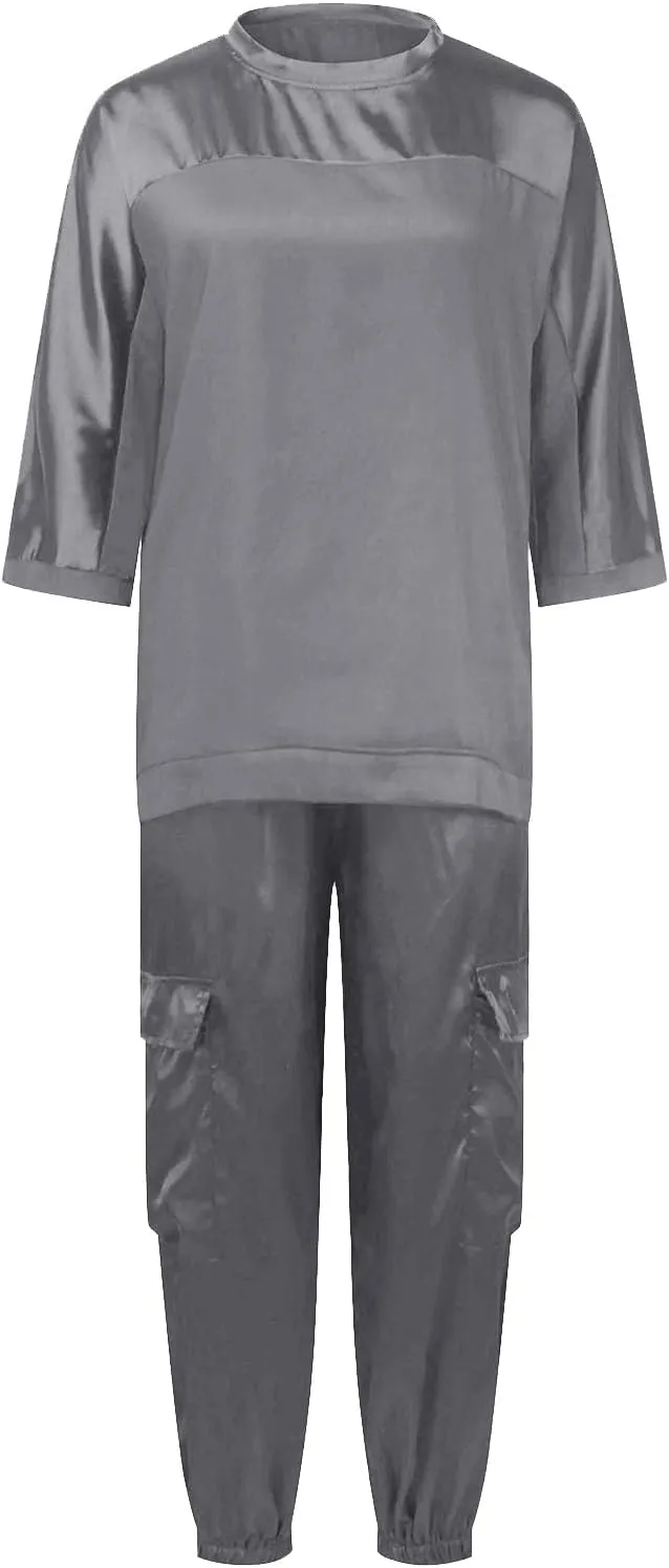 Aniywn Women Two Piece Outfits Sets Summer Satin Smooth Satin Half-Sleeved Top and Pants Set Women Clothing Work Going Out