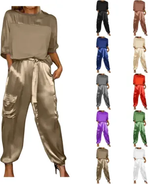Aniywn Women Two Piece Outfits Sets Summer Satin Smooth Satin Half-Sleeved Top and Pants Set Women Clothing Work Going Out