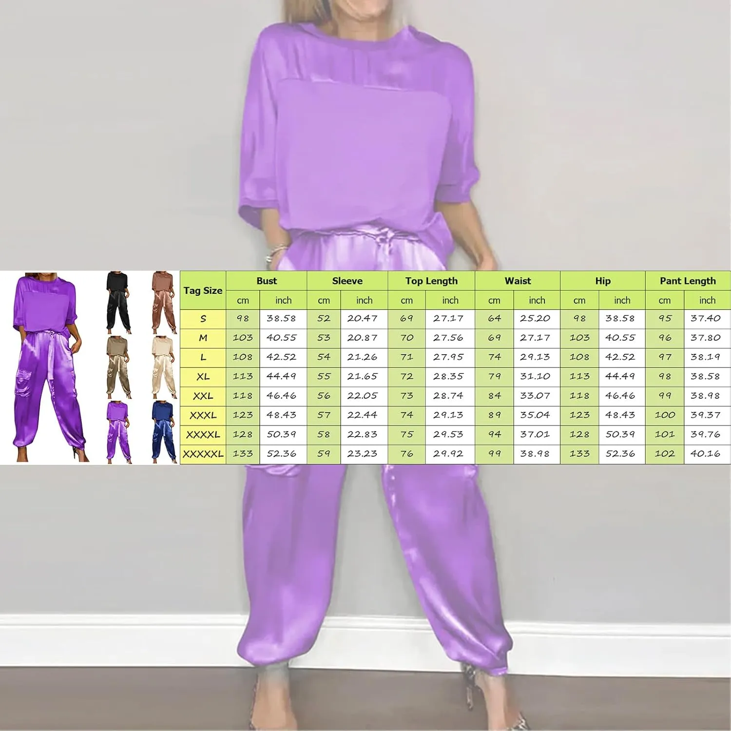 Aniywn Women Two Piece Outfits Sets Summer Satin Smooth Satin Half-Sleeved Top and Pants Set Women Clothing Work Going Out