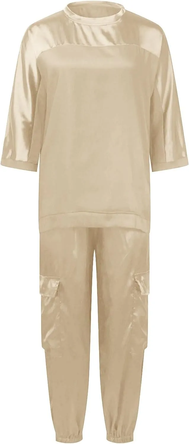 Aniywn Women Two Piece Outfits Sets Summer Satin Smooth Satin Half-Sleeved Top and Pants Set Women Clothing Work Going Out