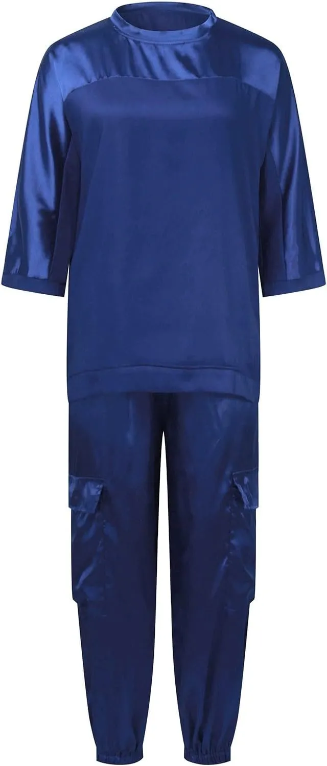 Aniywn Women Two Piece Outfits Sets Summer Satin Smooth Satin Half-Sleeved Top and Pants Set Women Clothing Work Going Out