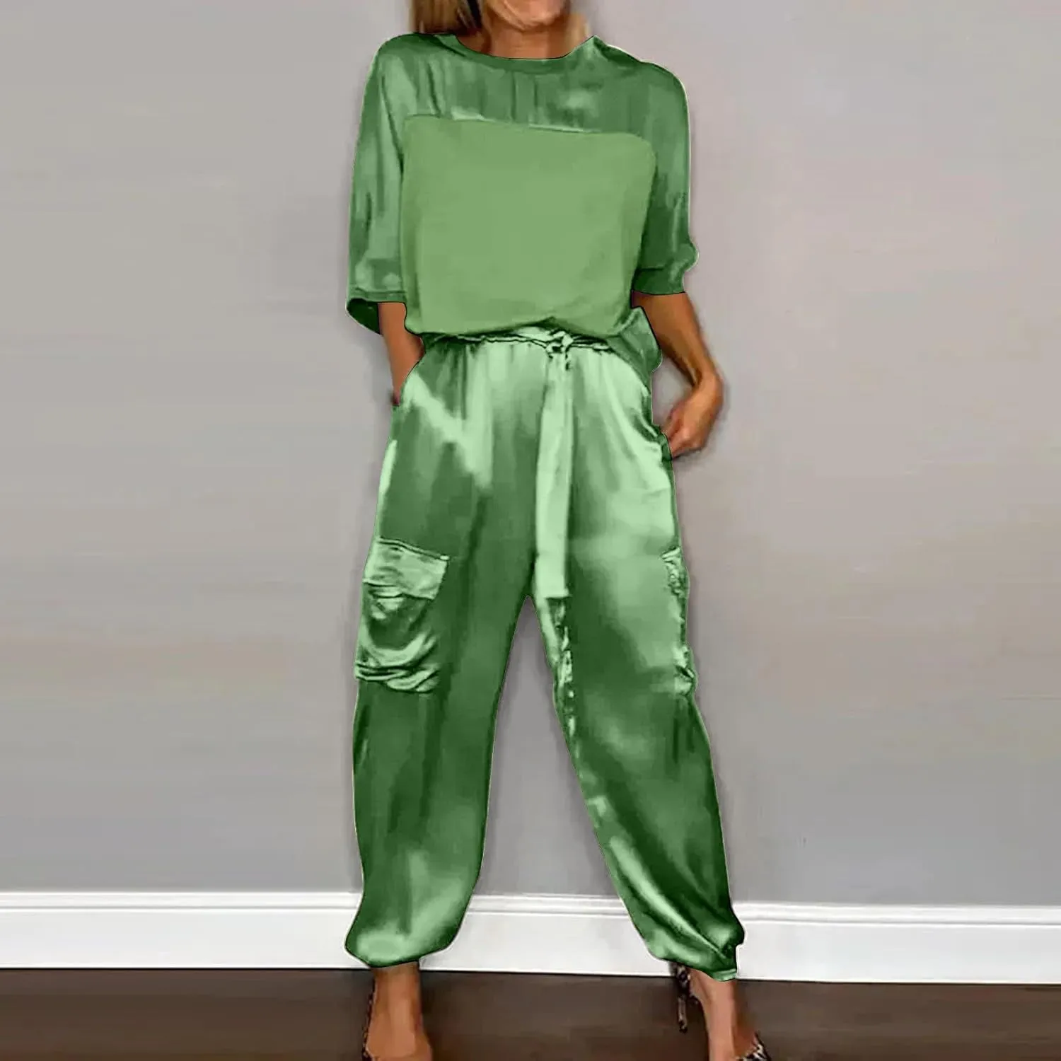 Aniywn Women Two Piece Outfits Sets Summer Satin Smooth Satin Half-Sleeved Top and Pants Set Women Clothing Work Going Out