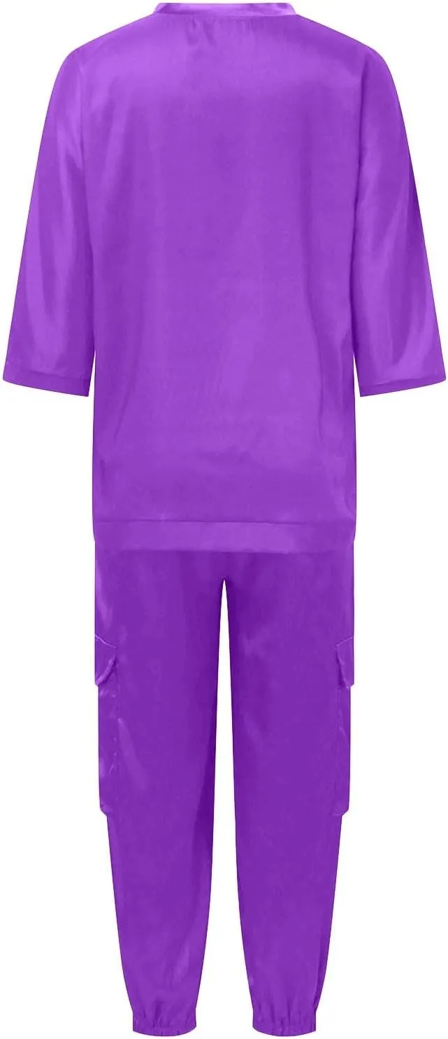 Aniywn Women Two Piece Outfits Sets Summer Satin Smooth Satin Half-Sleeved Top and Pants Set Women Clothing Work Going Out