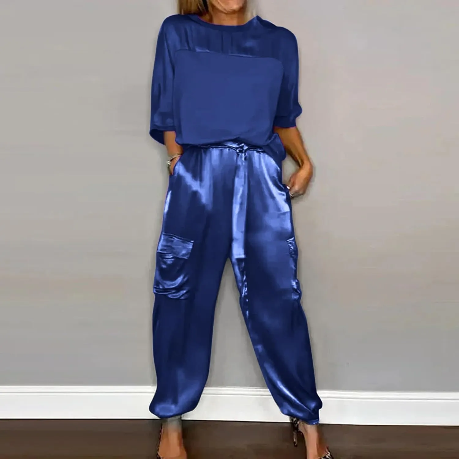 Aniywn Women Two Piece Outfits Sets Summer Satin Smooth Satin Half-Sleeved Top and Pants Set Women Clothing Work Going Out