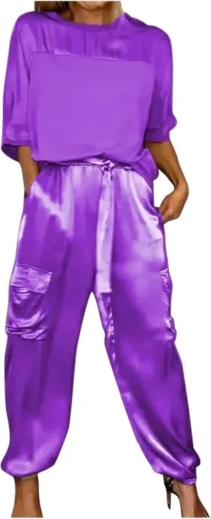 Aniywn Women Two Piece Outfits Sets Summer Satin Smooth Satin Half-Sleeved Top and Pants Set Women Clothing Work Going Out