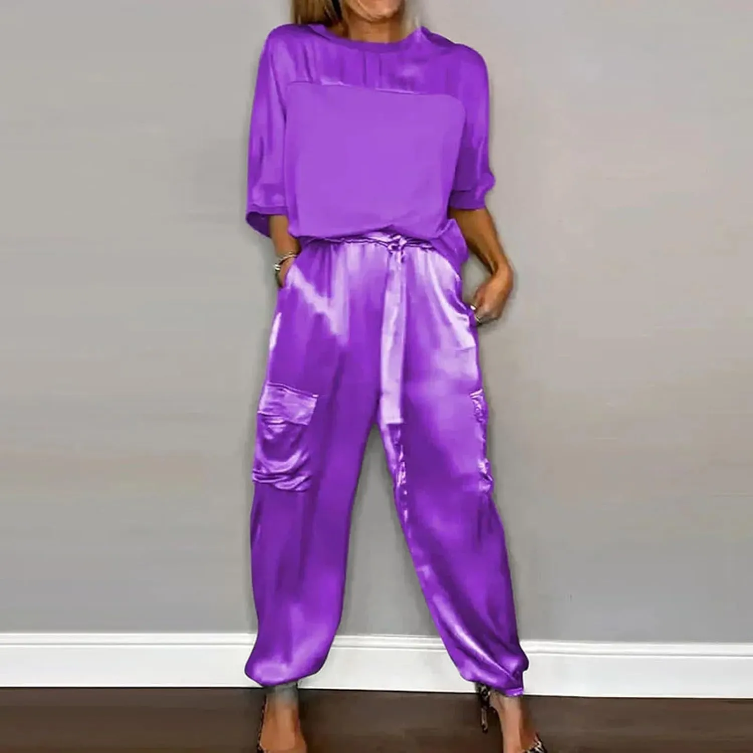 Aniywn Women Two Piece Outfits Sets Summer Satin Smooth Satin Half-Sleeved Top and Pants Set Women Clothing Work Going Out