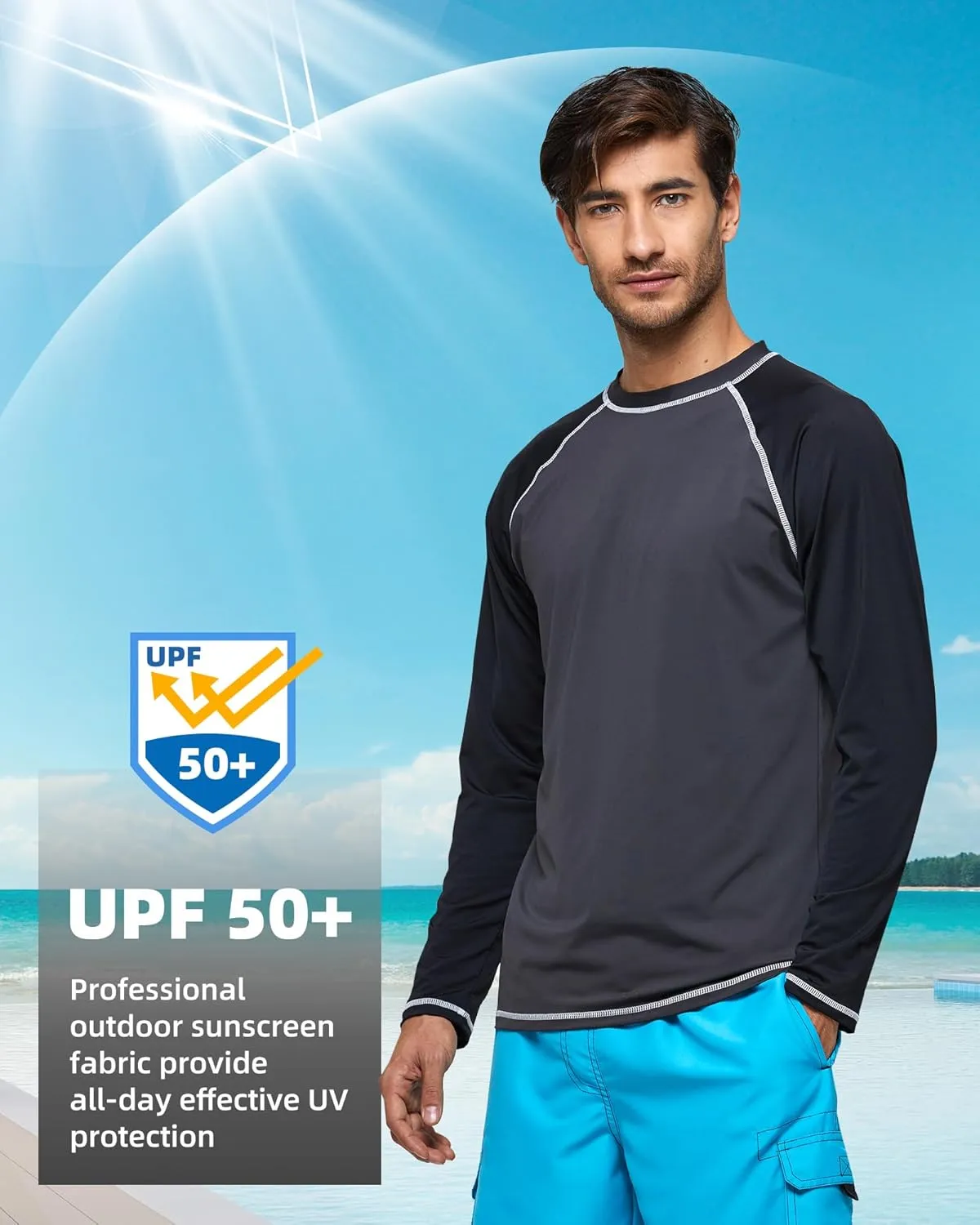 Arcweg Rash Guard Men Swim Shirt Long Sleeves Diving Rash Vest Fit Top T-Shirt