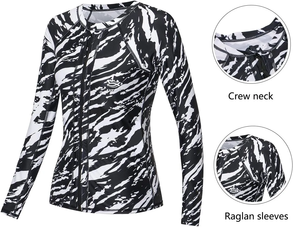 AXESEA Women Long Sleeve Rash Guard UPF 50  UV Sun Protection Zip Front Swimsuit Shirt Printed Surfing Shirt Top