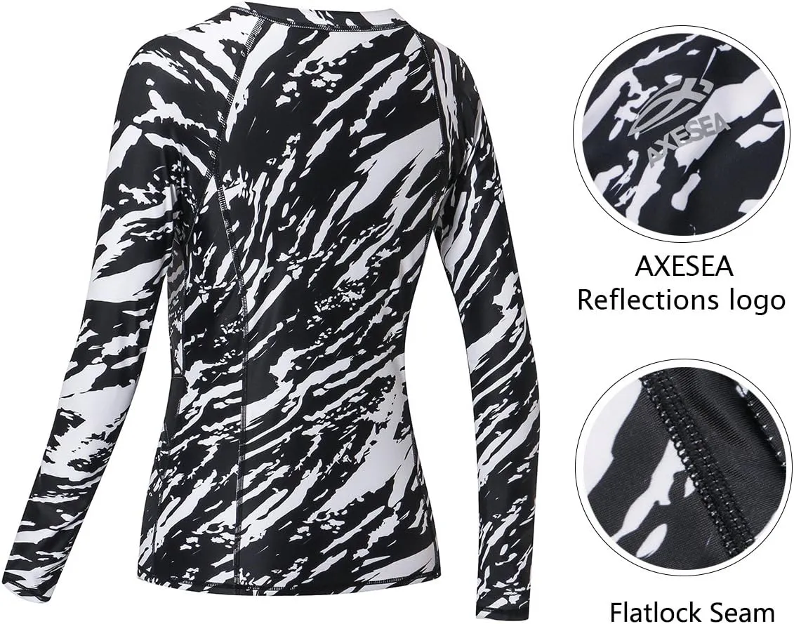 AXESEA Women Long Sleeve Rash Guard UPF 50  UV Sun Protection Zip Front Swimsuit Shirt Printed Surfing Shirt Top