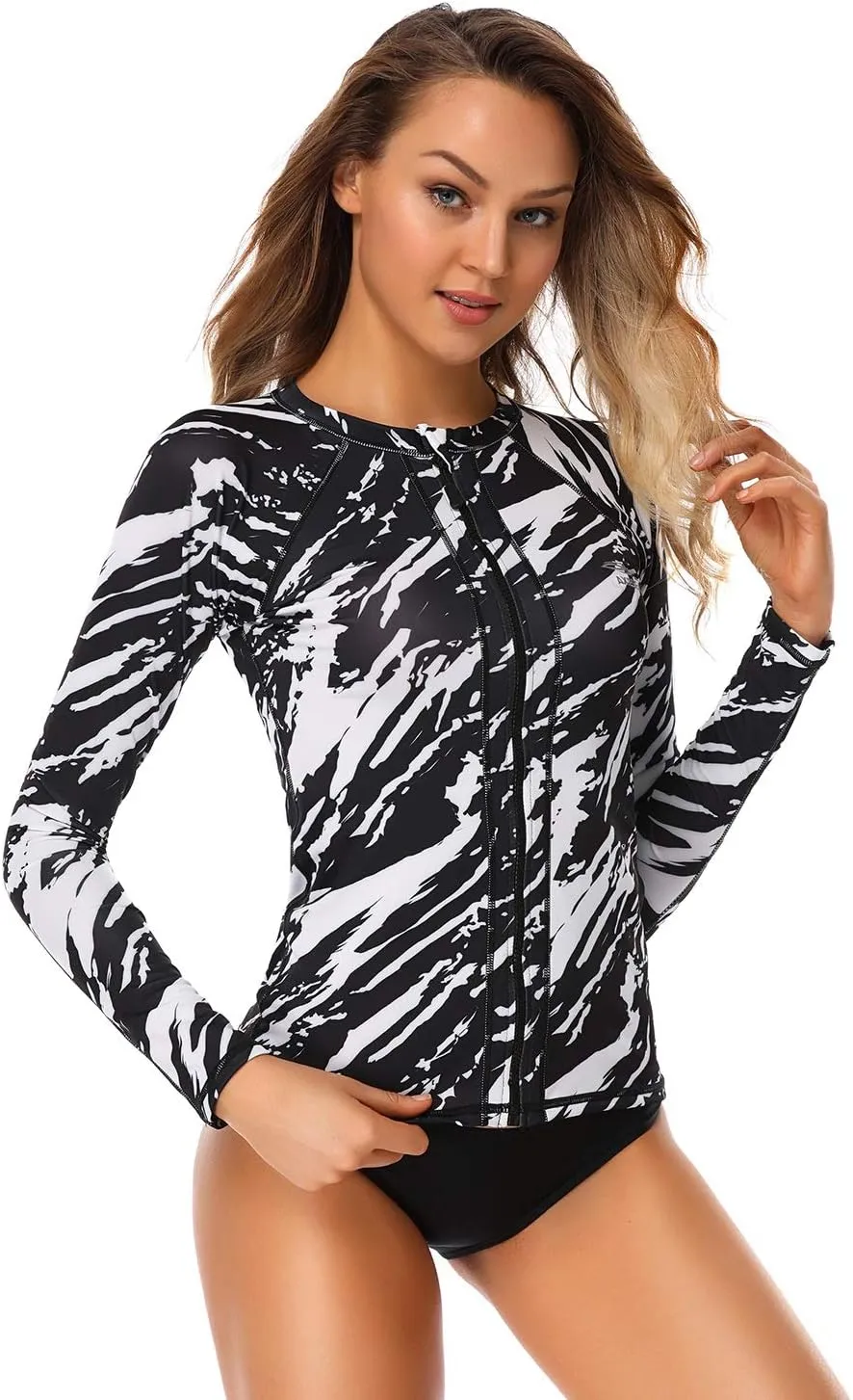 AXESEA Women Long Sleeve Rash Guard UPF 50  UV Sun Protection Zip Front Swimsuit Shirt Printed Surfing Shirt Top