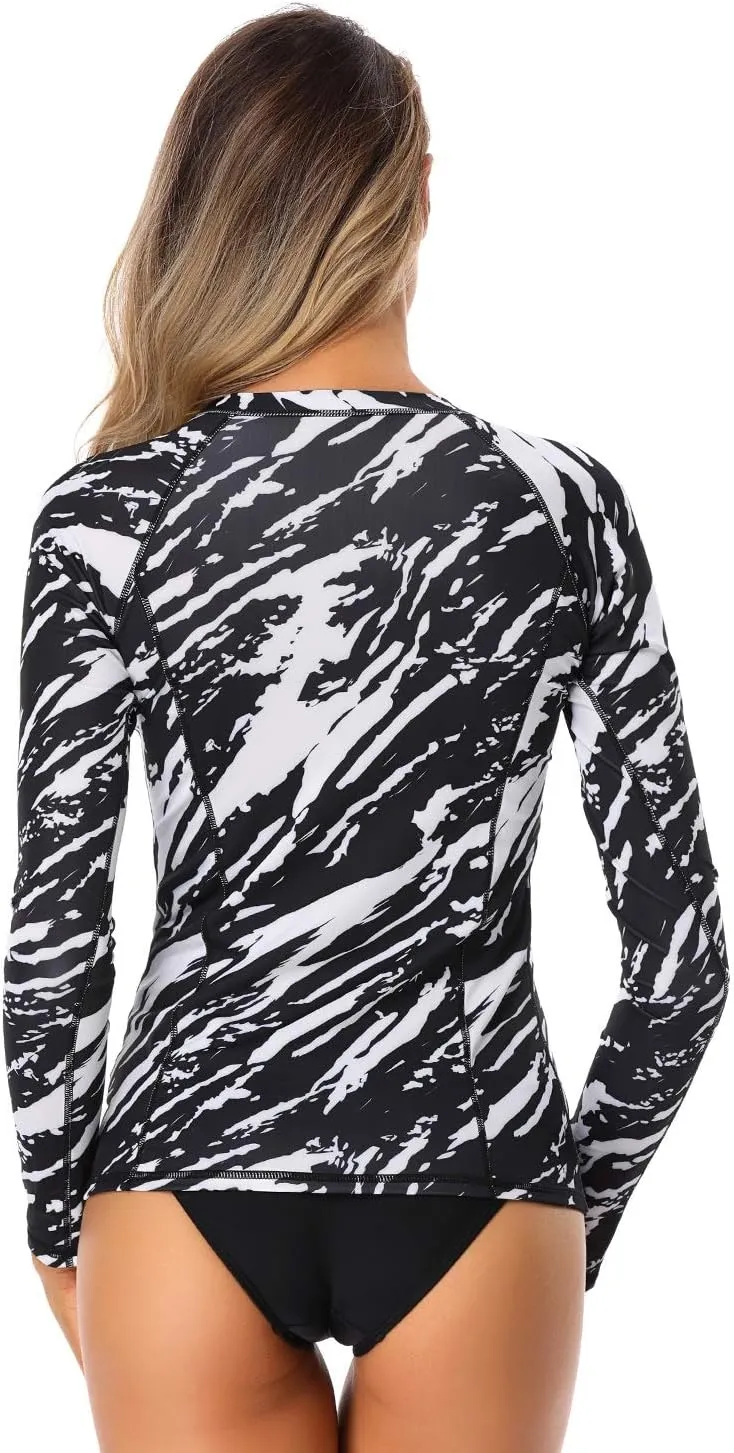 AXESEA Women Long Sleeve Rash Guard UPF 50  UV Sun Protection Zip Front Swimsuit Shirt Printed Surfing Shirt Top