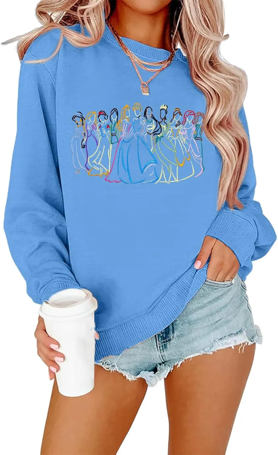 BANGELY Magical Sweatshirt Women Cute Embroidered Magic Princess Sweater Family Vacation Shirt Casual Long Sleeve Top