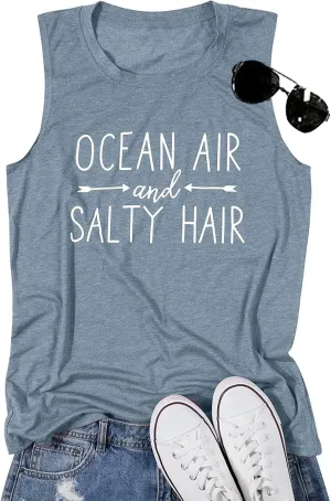 Beach Tank Tops for Women Ocean Air and Salty Hair Summer Tanks Beach Vacation Sleeveless Vest Shirts