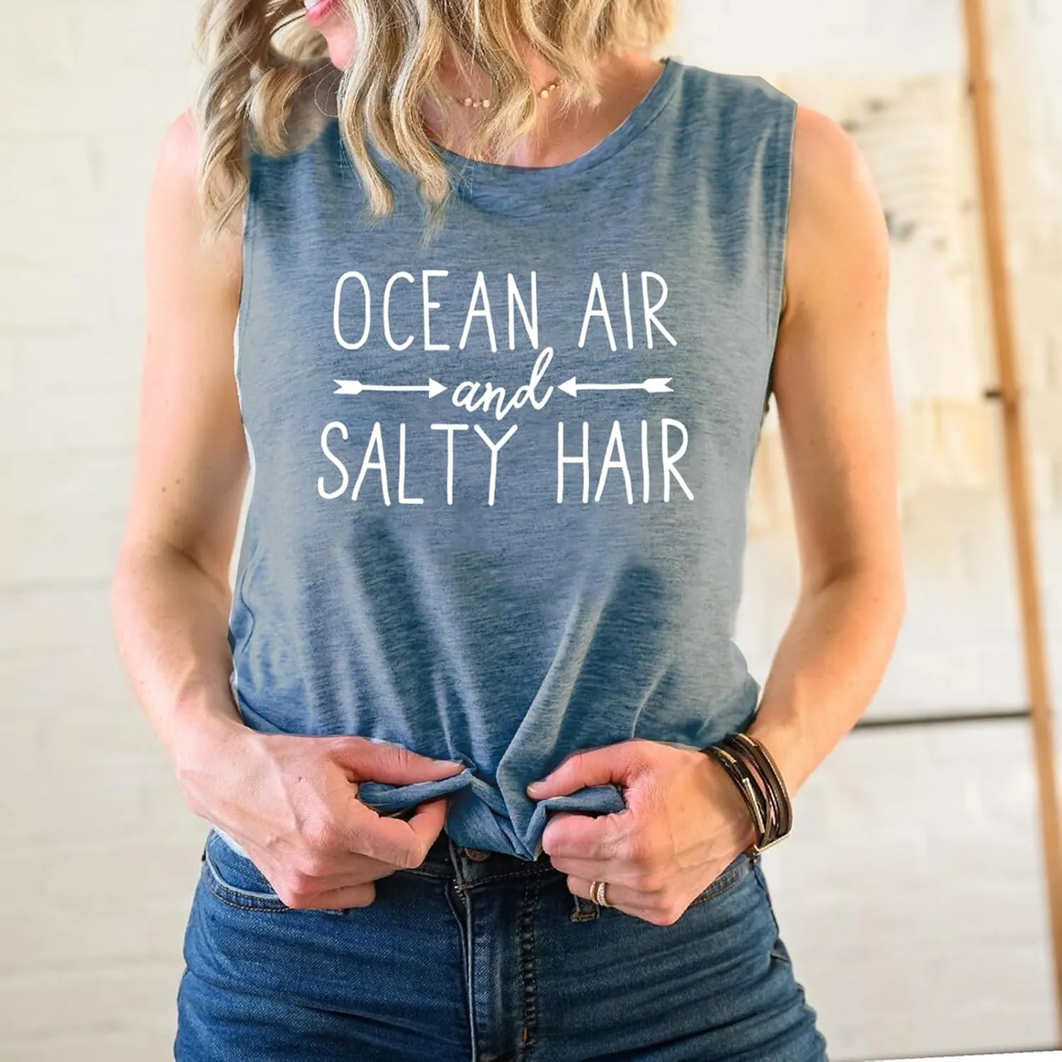 Beach Tank Tops for Women Ocean Air and Salty Hair Summer Tanks Beach Vacation Sleeveless Vest Shirts
