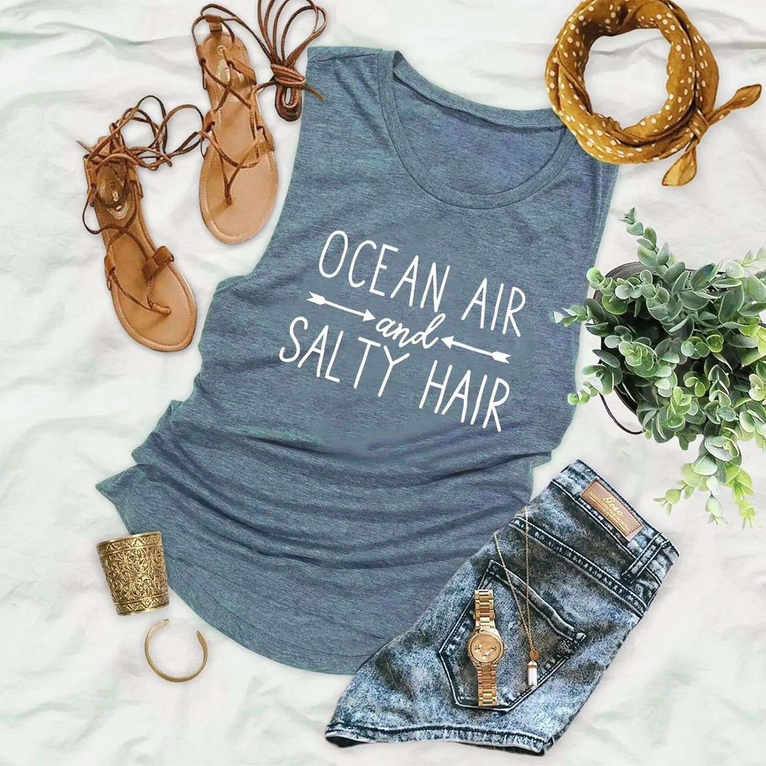 Beach Tank Tops for Women Ocean Air and Salty Hair Summer Tanks Beach Vacation Sleeveless Vest Shirts