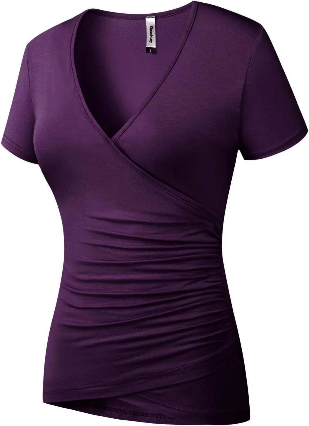 Beauhuty Women's Top Deep V Neck Slim Fitted T-Shirt Front Wrap Ruched Short Sleeve Tee