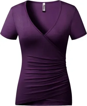 Beauhuty Women's Top Deep V Neck Slim Fitted T-Shirt Front Wrap Ruched Short Sleeve Tee
