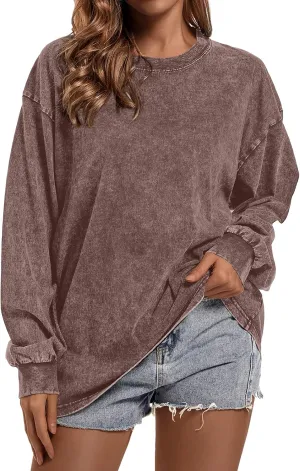 BINTEHGS Crewneck Oversized Sweatshirt for Women Loose Fit Long Sleeve Shirts Vintage Acid Wash Tshirt Basic Solid Color Tee