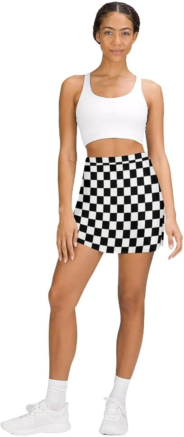 Black White Race Checkered Flag Women's Tennis Skirt with Shorts Pockets, A-line Light Proof Trouser Skirt