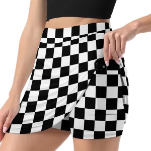 Black White Race Checkered Flag Women's Tennis Skirt with Shorts Pockets, A-line Light Proof Trouser Skirt