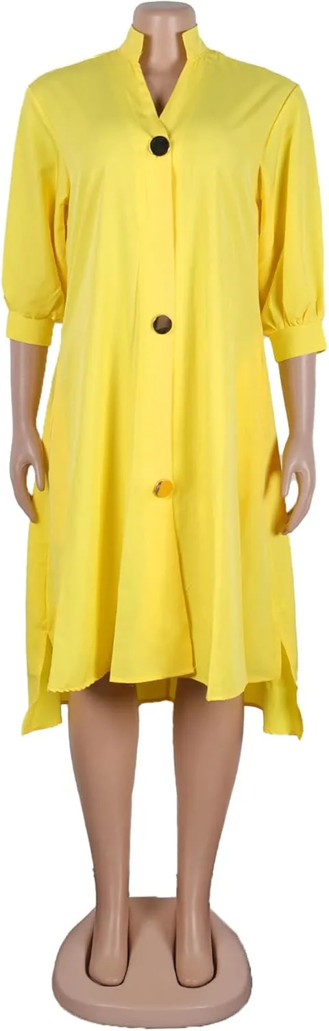 Bluewolfsea Womens Shirt Dresses Midi Summer Casual V Neck 3 4 Sleeve Button Down Shirt Dress with Pockets