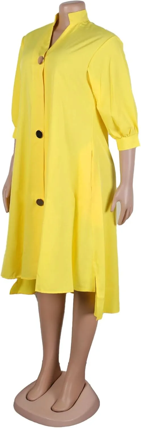 Bluewolfsea Womens Shirt Dresses Midi Summer Casual V Neck 3 4 Sleeve Button Down Shirt Dress with Pockets