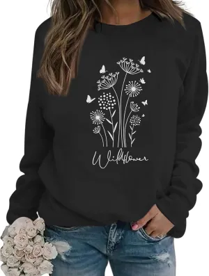 Bobeutou Flower Graphic Sweatshirt for Women 80s Vintage Minimalistic Floral Printed Long Sleeves Shirt Loose Pullovers Tops