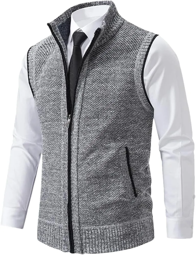 Bollrllr Vest Men's Knitted Sleeveless Sweater Zipper Cardigan Turtleneck Sweater Knitted Vest