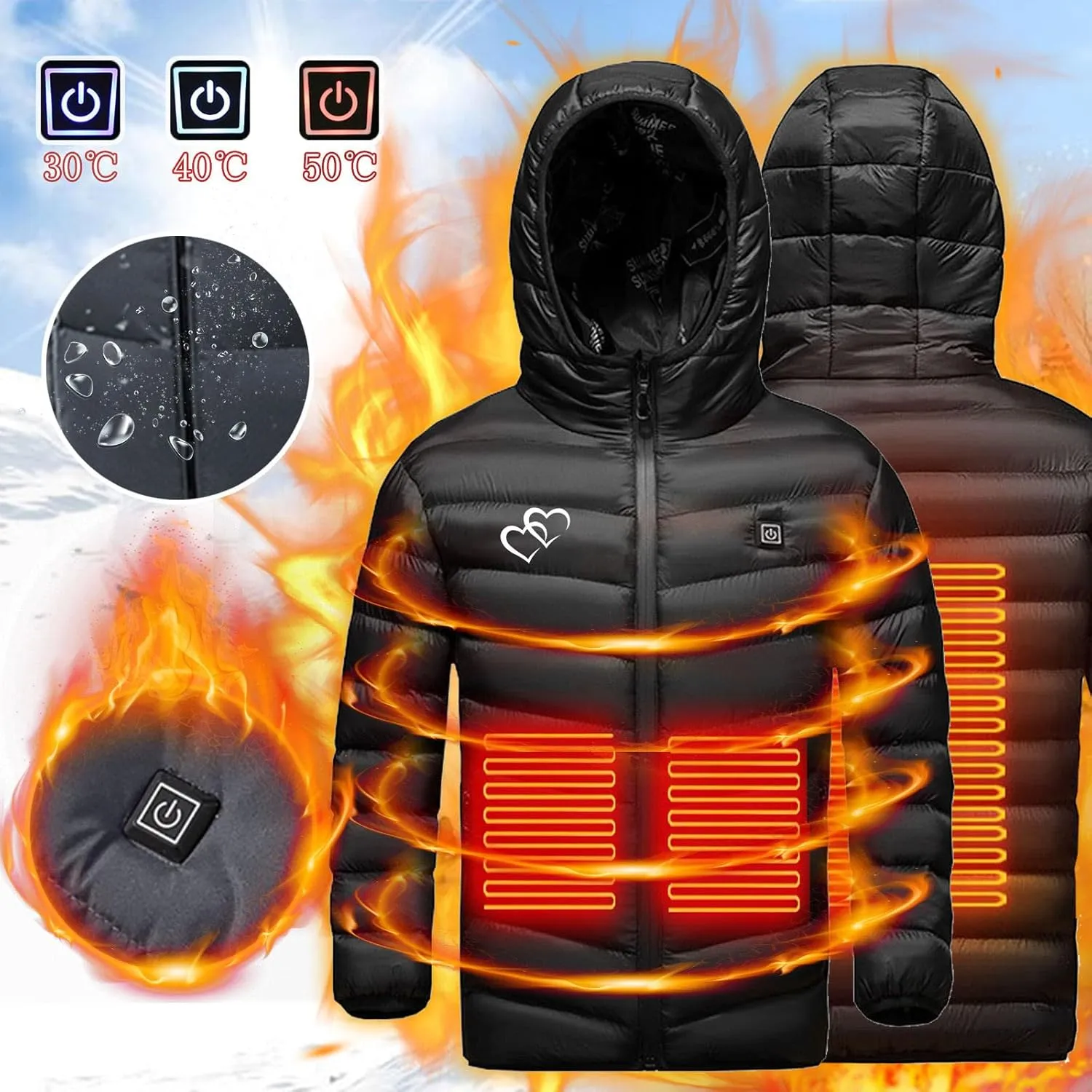 Boys Girls Winter Hooded Heated Jacket with 3 Heating Zones USB Charging Electric Hoodie Coats Kids Down Jackets