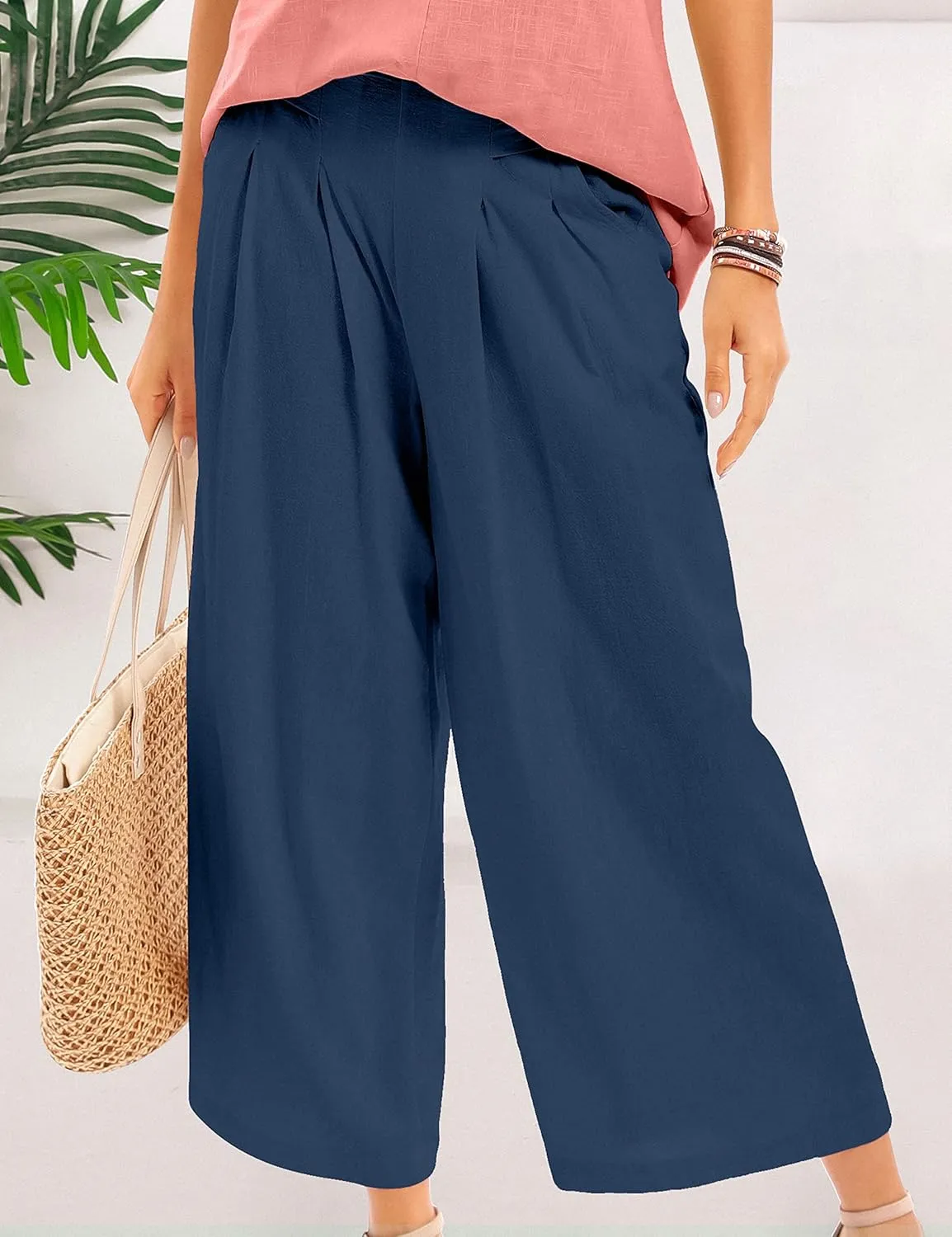 Bozanly Women's Linen Wide Leg Palazzo Pants Elastic Waist Culottes Capris with Pockets