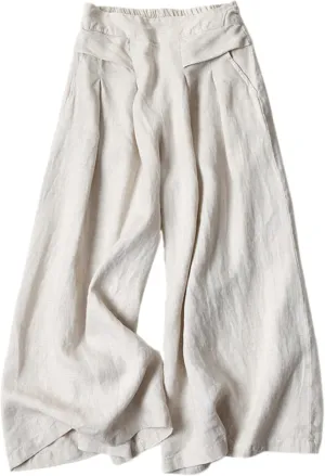 Bozanly Women's Linen Wide Leg Palazzo Pants Elastic Waist Culottes Capris with Pockets